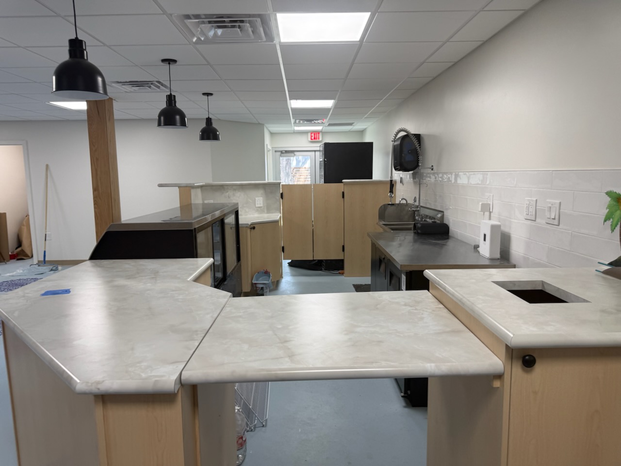 A view of the preparation area behind the juice-bar counter