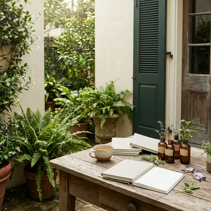 Haven’s outdoor garden table surrounded by greenery